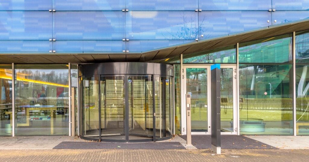 Revolving doors entrance for commercial building.