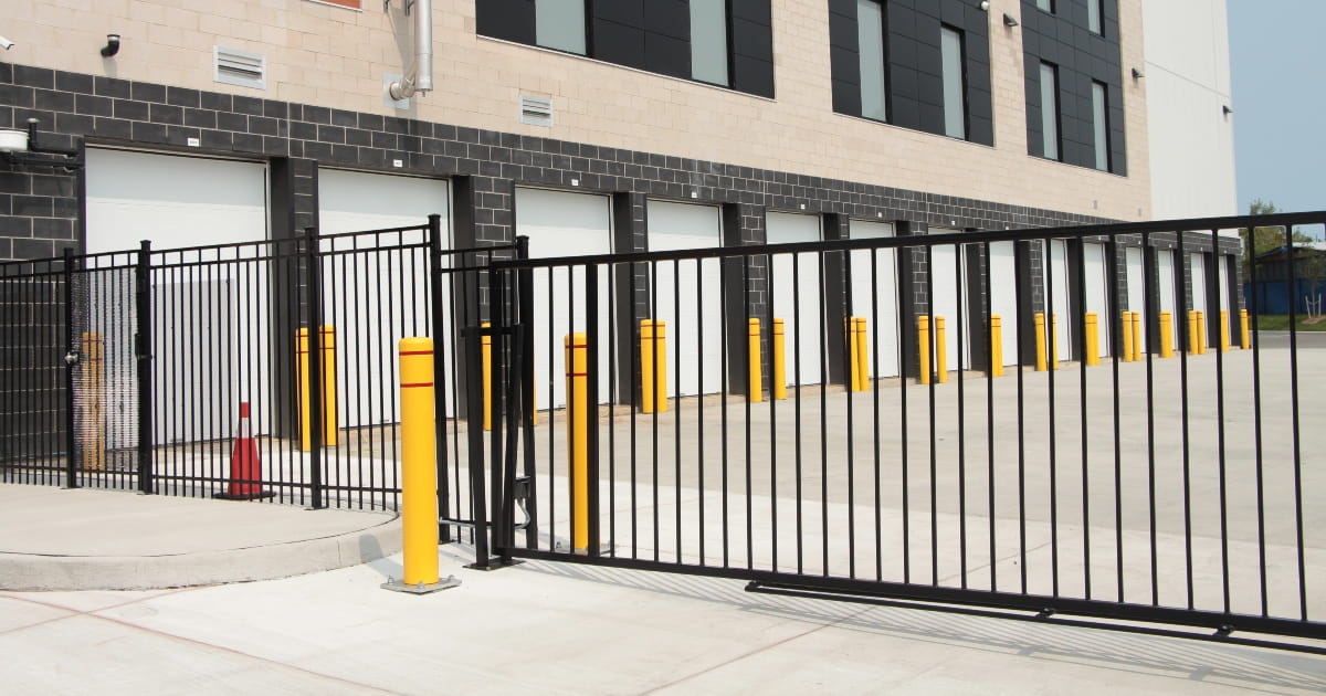 Security gate protecting the entrance to a commercial storage facility.